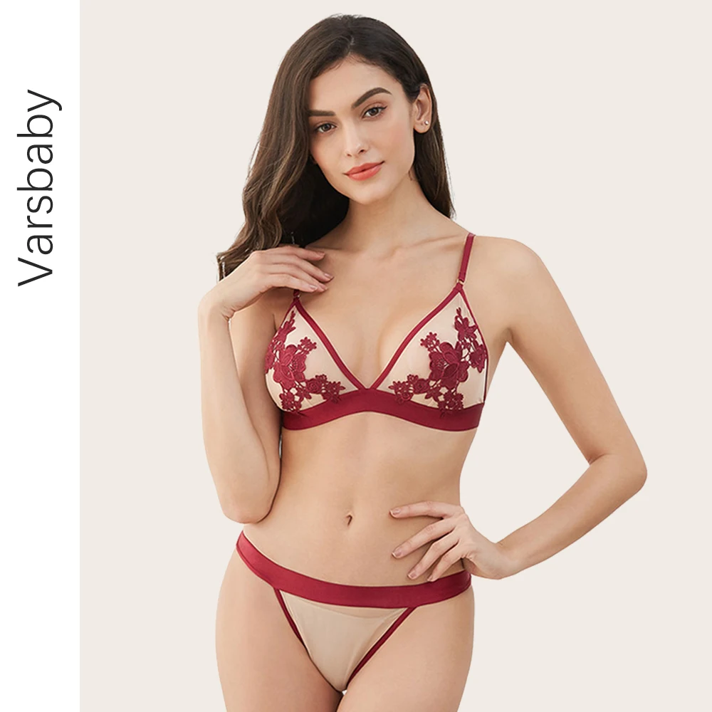 

Varsbaby sexy embroidery bra set wire free thin cup bra comfortable unlined underwear for women