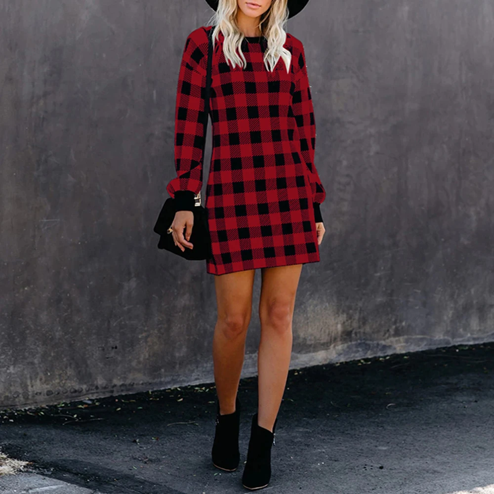

Christmas Ladies Tartan Plaid Winter Work Office Casual Formal Party Comfortable Tunic Long Sleeve Knee Length T Shirt Dresses