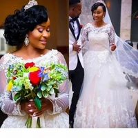 african long sleeves wedding dresses bride gown lace applique sweep train plus size custom made scoop neck vestido de novia