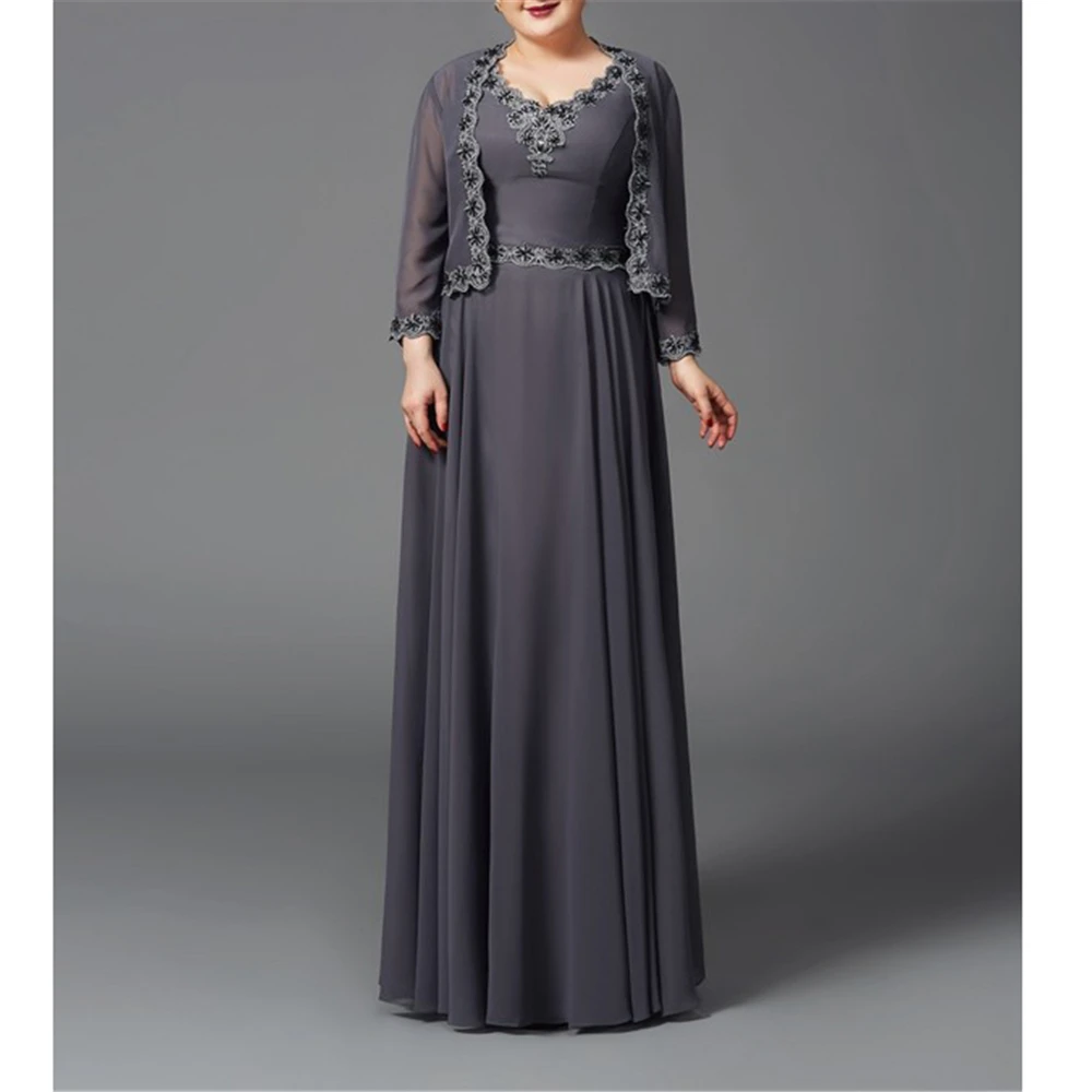 

Excellent Gray Chiffon Mother Of The Bride Dresses A-line V-Neck Beading Full-Length Dresses for weddings With Jacket