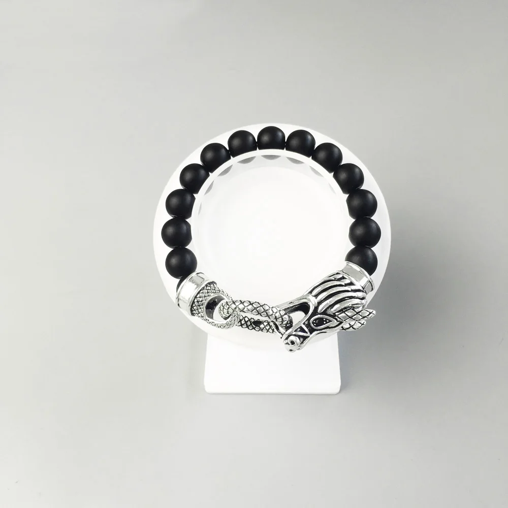 Бусины в виде головы дракона браслеты из черного натурального обсидиана 925 пробы