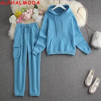 alphalmoda new women winter suit hooded pocket cotton sweatshirt side pocket stylish sweatpants 2pcs set with thickened fleece