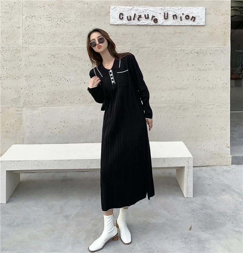

2020 New Preppy Style Turn-down Collar Knitted Dress Women Autumn Winter Casual Loose Straight Sweater Dresses Woman Long Dress