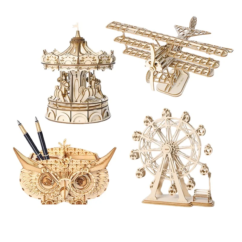 

8 kinds of 3D wooden puzzle carousel Ferris wheel airplane piano DIY wooden model building block kit children's toys adult gifts