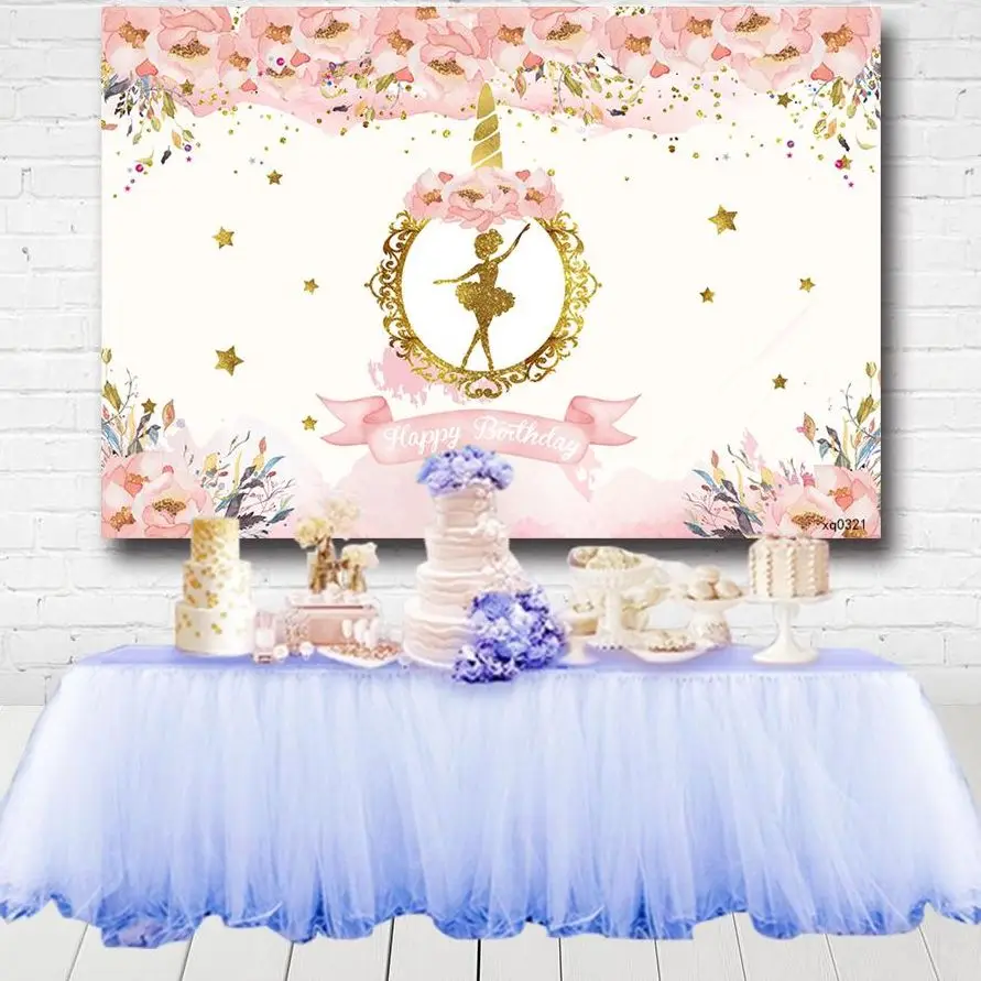 

Gold Glitter Dance Ballerina Backdrop Pink Flowers Little Stars Girls Baby Shower Birthday Party Photography Background