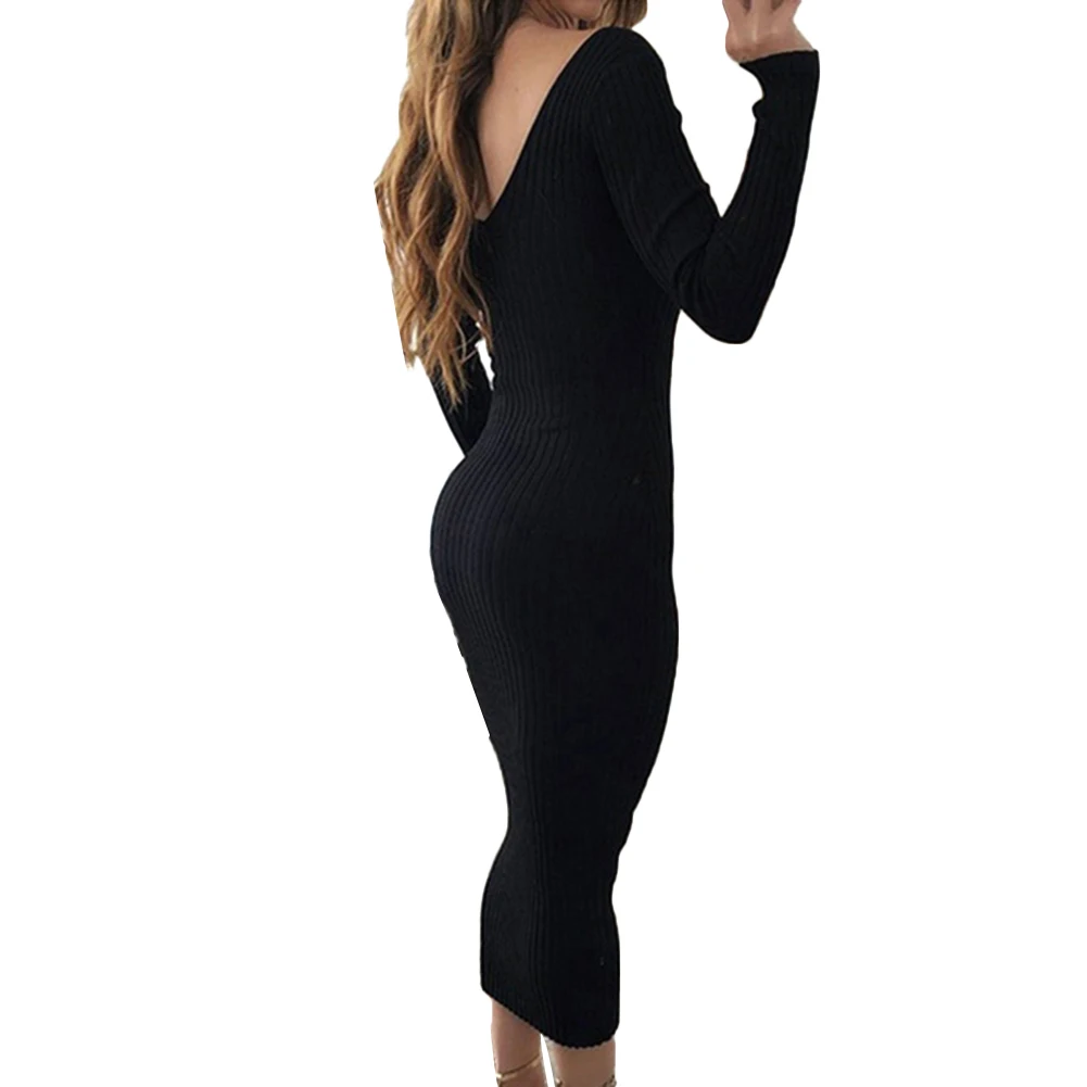 

Sexy Women Dress Winter 2020 Knit Sweater Long Sleeve V Neck Backless Ribbed Slim Knitted Midi Dress Sweater Dress Korean Dress