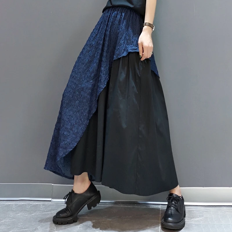 

SHENGPALAE Personality Denim Mesh Patchwork Skirt Women's Summer 2021 New High Elastic Waist Mid-calf Skirt Female Tide 5C992