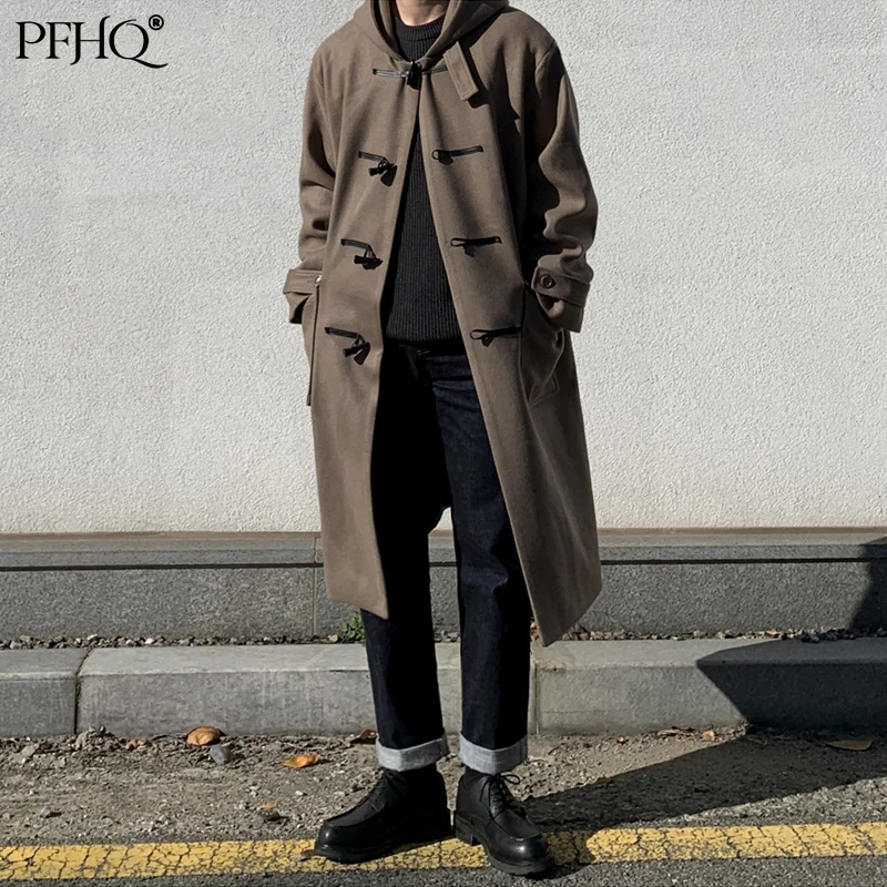 

PFHQ Woolen Overcoat For Men Medium Length Coat Hooded Lapel Jacket Trendy Men's Horn Button Tweed Windbreaker Big Size 21D3126