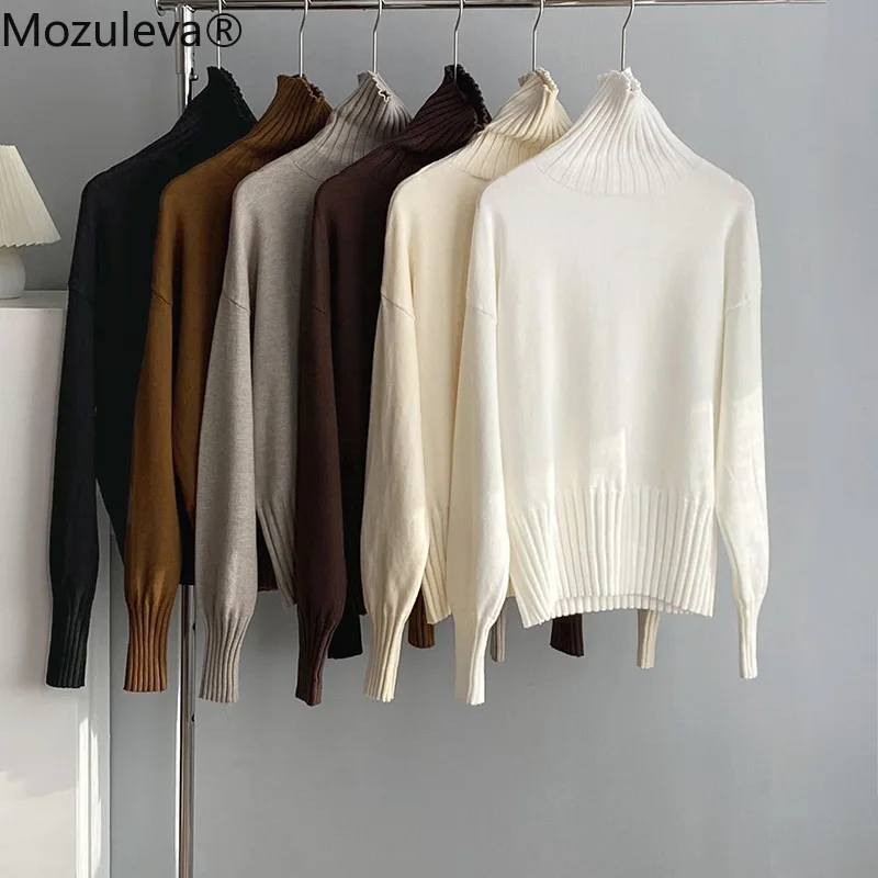 

Mozuleva 2022 Autumn Winter Loose Turtleneck Pullover Basic Warm Sweater for Women Korean Soft Kniited Solid Sweater Tops