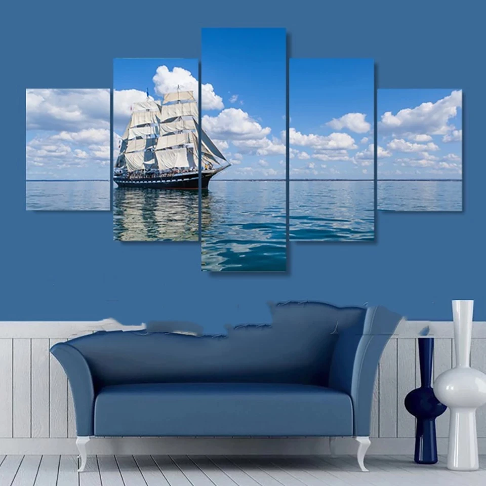 

Living Room Wall Art Home Decoration Pictures HD Printed 5 Pieces/Pcs Blue Sky Sea Ship Modern Painting On Canvas Poster Frame