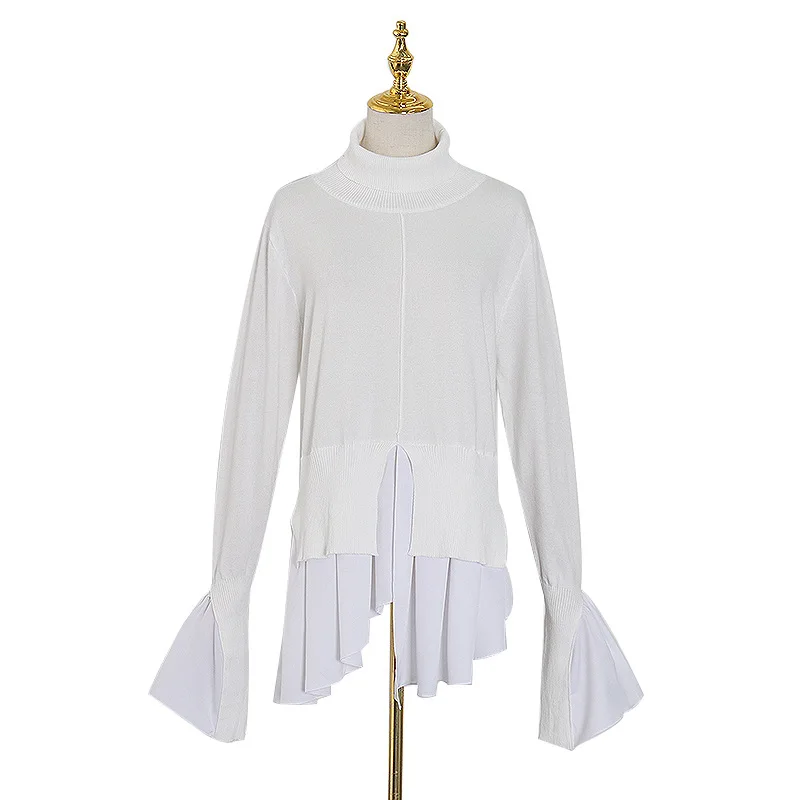 

Women's new solid color turtleneck sweater irregular solid color hem long sleeve slim sweater women