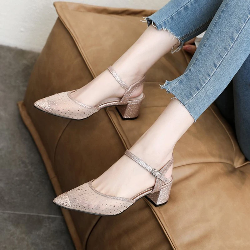 Сандалии женские на квадратном каблуке босоножки с кружевом туфли лодочки