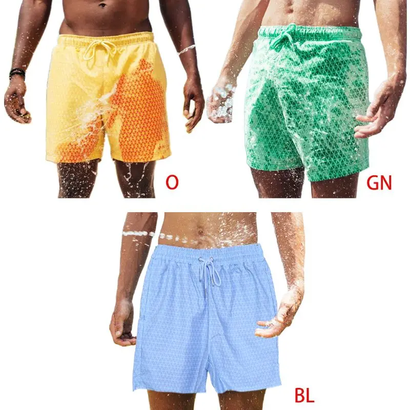 

Men Color Changing Swim Trunks Water Discoloration Rhombus Plaid Beach Shorts G92F