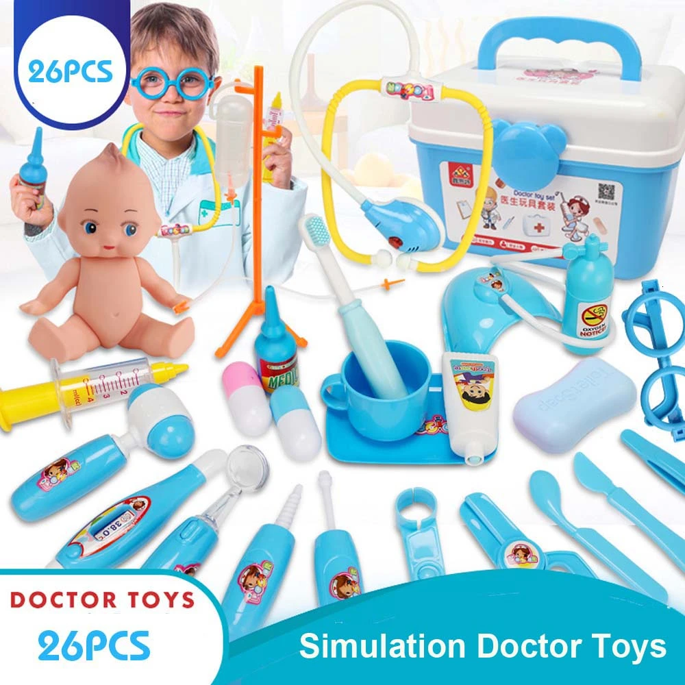 26PCS Blue 21-39 шт., детские игрушки для ролевых игр, набор для доктора, медицинский набор для моделирования с портативным чемоданом, игрушки для ролевых игр для девочек, инструмент для зубного врача - Цвет: 26PCS Blue