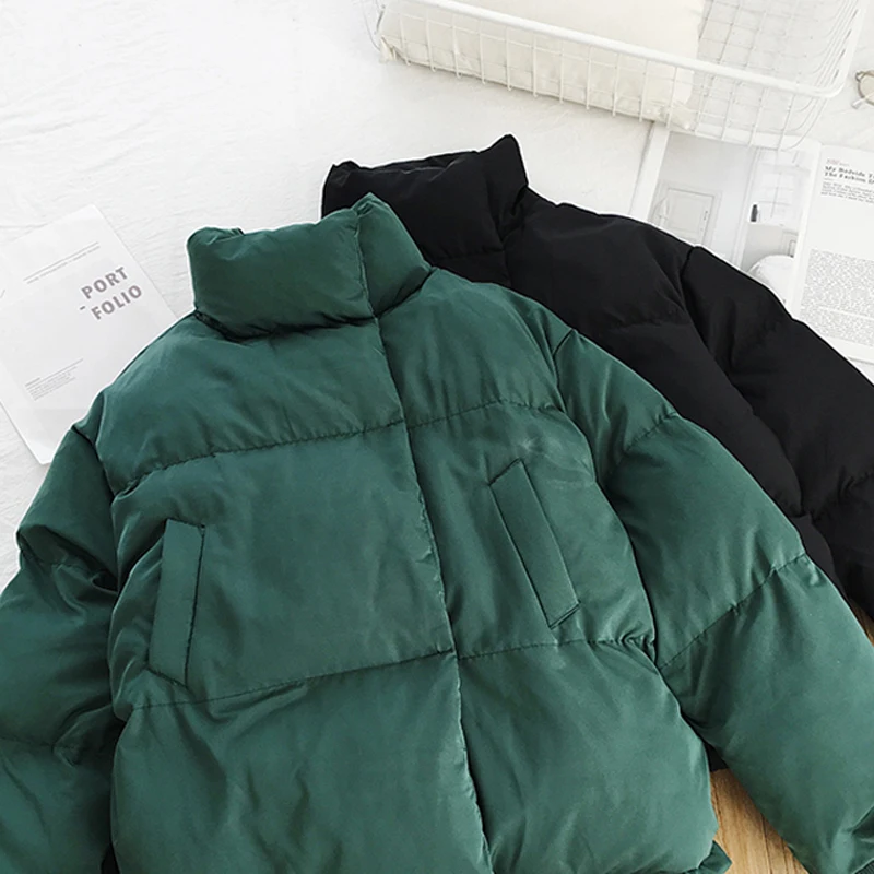 

BGTEEVER Vintage Green Stand Collar Women Parkas 2019 Single-breasted Loose Down Jacket Female Cotton Padded Winter Coat Women