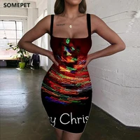 somepet christmas dresses women colorful halter sleeveless trees 3d print abstract bodycon dress womens clothing party new beach
