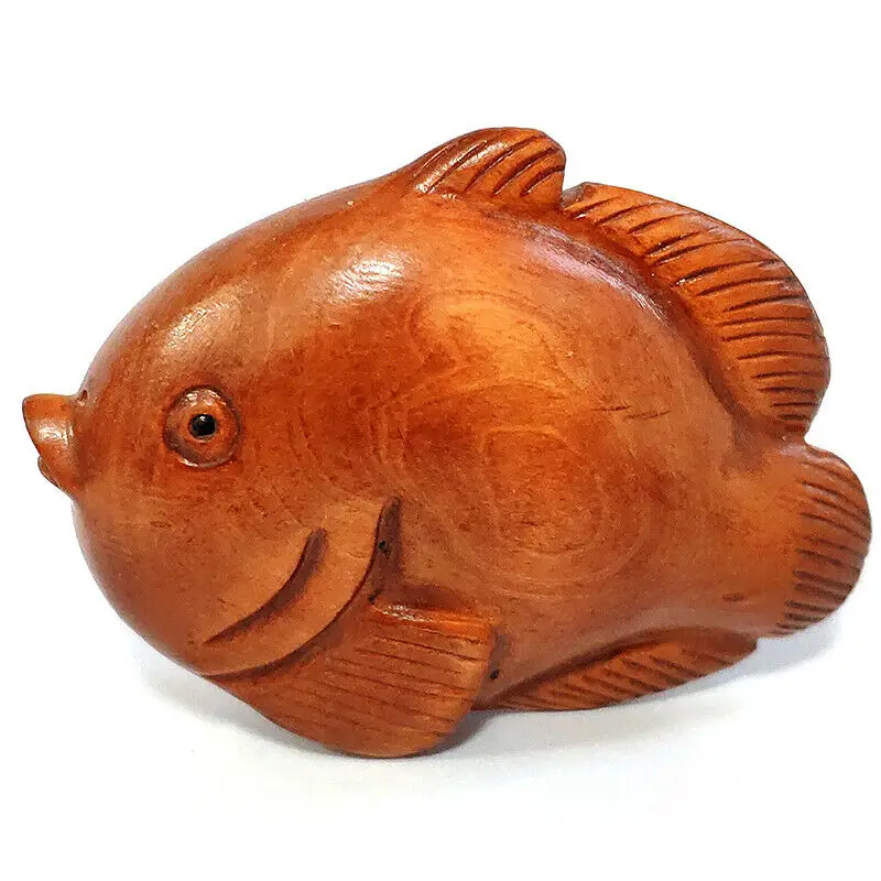 

2 INCH Japanese Boxwood Hand Carved Netsuke Sculpture Miniature Cute Fish - #X4589