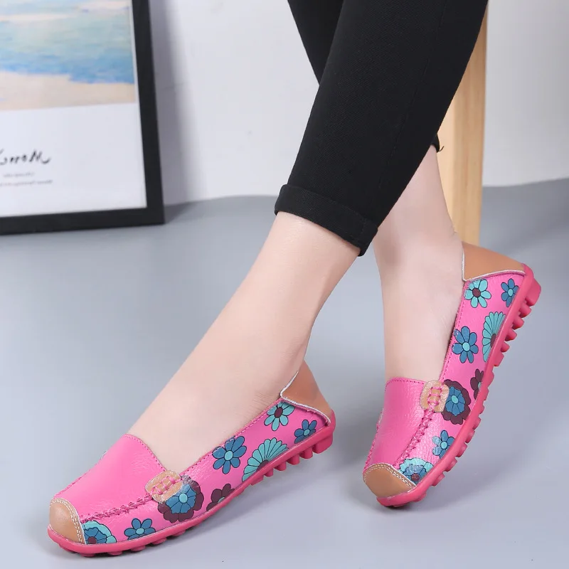 

Women Flats Shoes Woman Genuine Leather Casual Shoes Female Slip On Ballet Flats Ladies Print Flower Moccasins Loafers Shoes