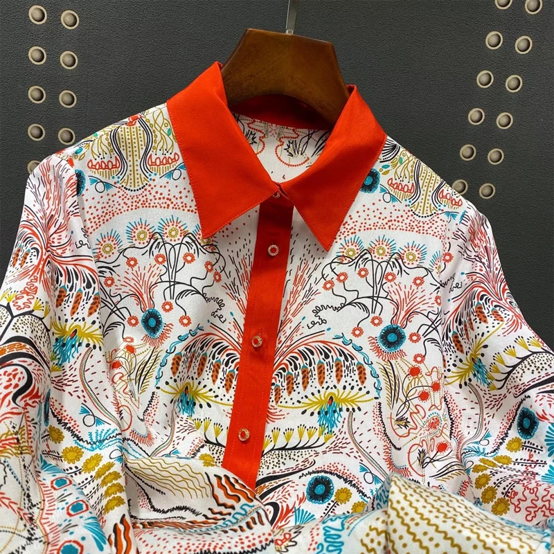 

100% silk women blouse runway women red printed shirts women office ol fashion blouses spring summer