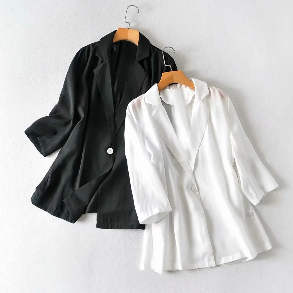 

2020 Spring Summer Loose Fit Blazer Women Formal Jackets Office Work Notched 3/4 Sleeve Cotton Linen Blazer White Black