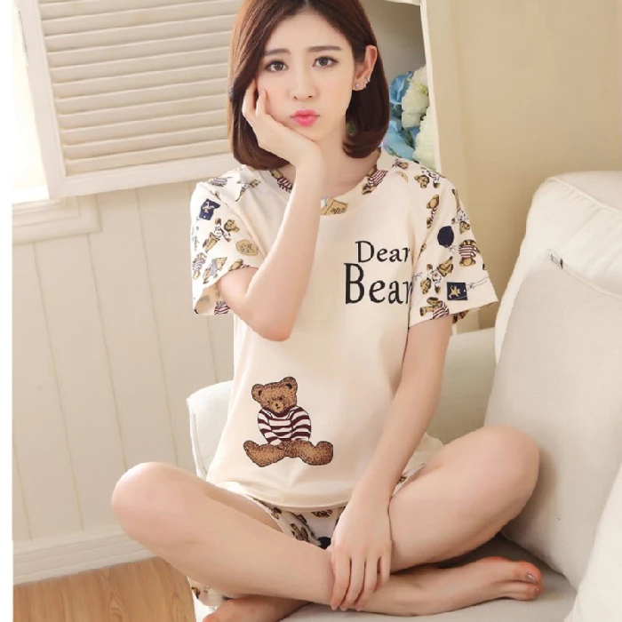 

Summer Female Pajamas Sets Thin Laides Short Sleeve Pyjamas Suit Women Ventilation Home Clothes Milk Silk Women Cute Sleepwear