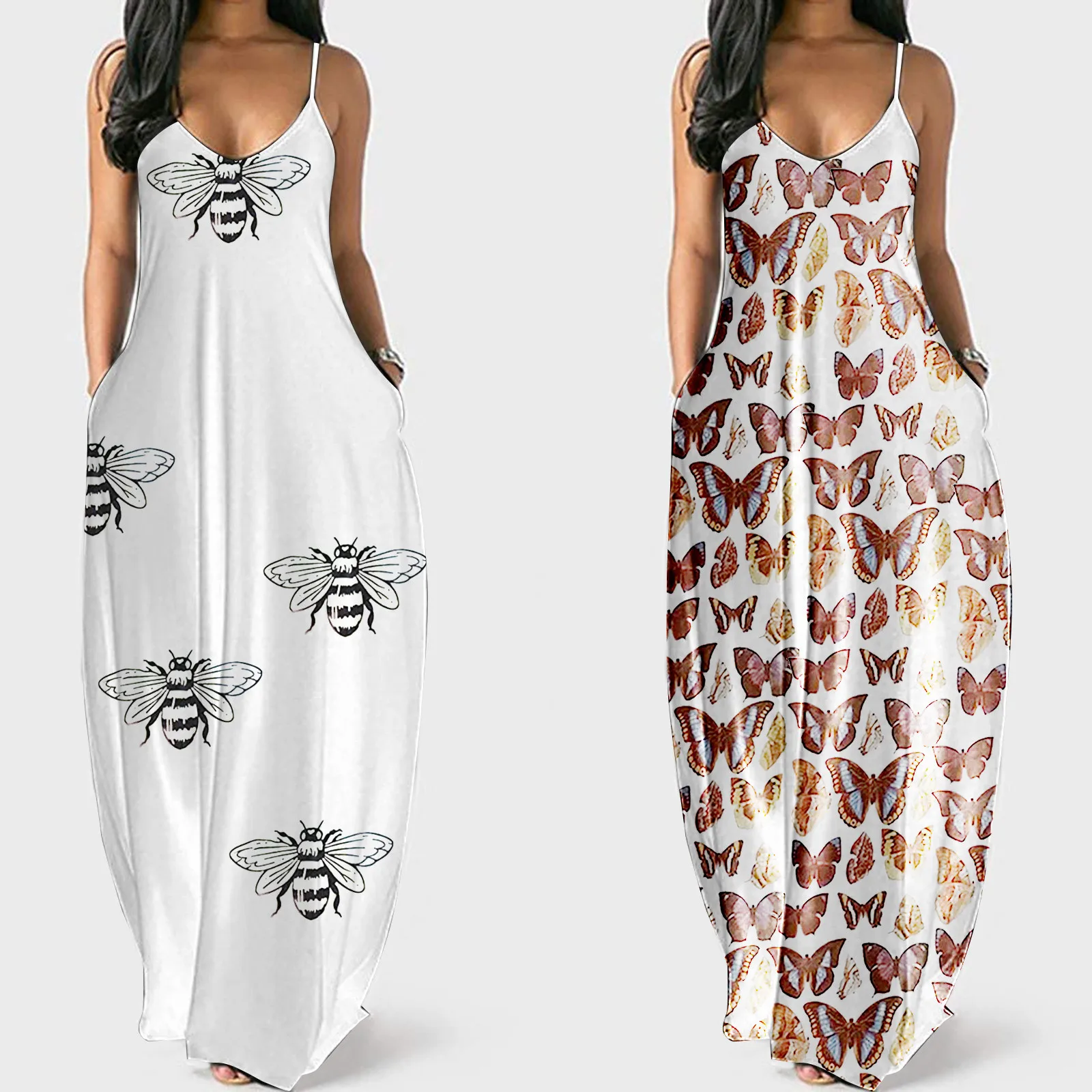 

Women Fashion Long Dress Female Spaghetti Straps Pocket Large Size Bee Print Sexy Deep V Sling Casual Vestidos Maxi Dress Robe