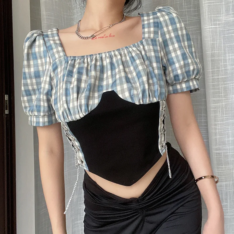 

2021 New Vintage Plaid Printed T-shirts Women Kawaii Korean Casual Sexy 2000s Corset Tops Aesthetic Patchwork Skinny Streetwear