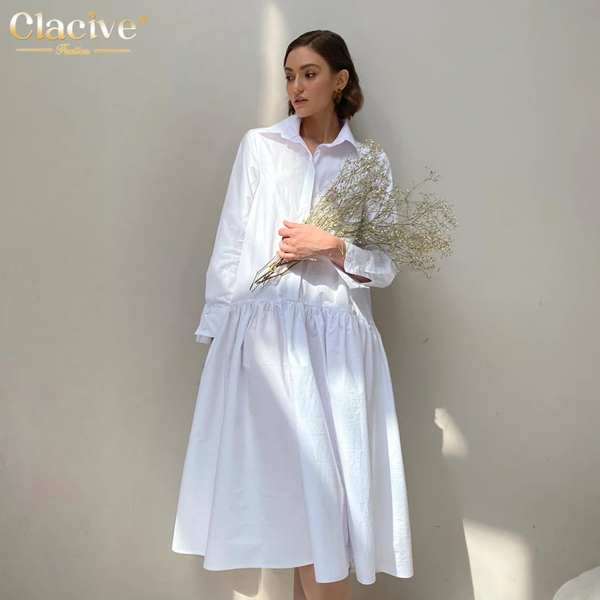 

Clacive Elegant Loose White Dress Shirt Fashion Lapel Long Sleeve Office Women Dresses Casual Pleated Single-Breasted Lady Dress