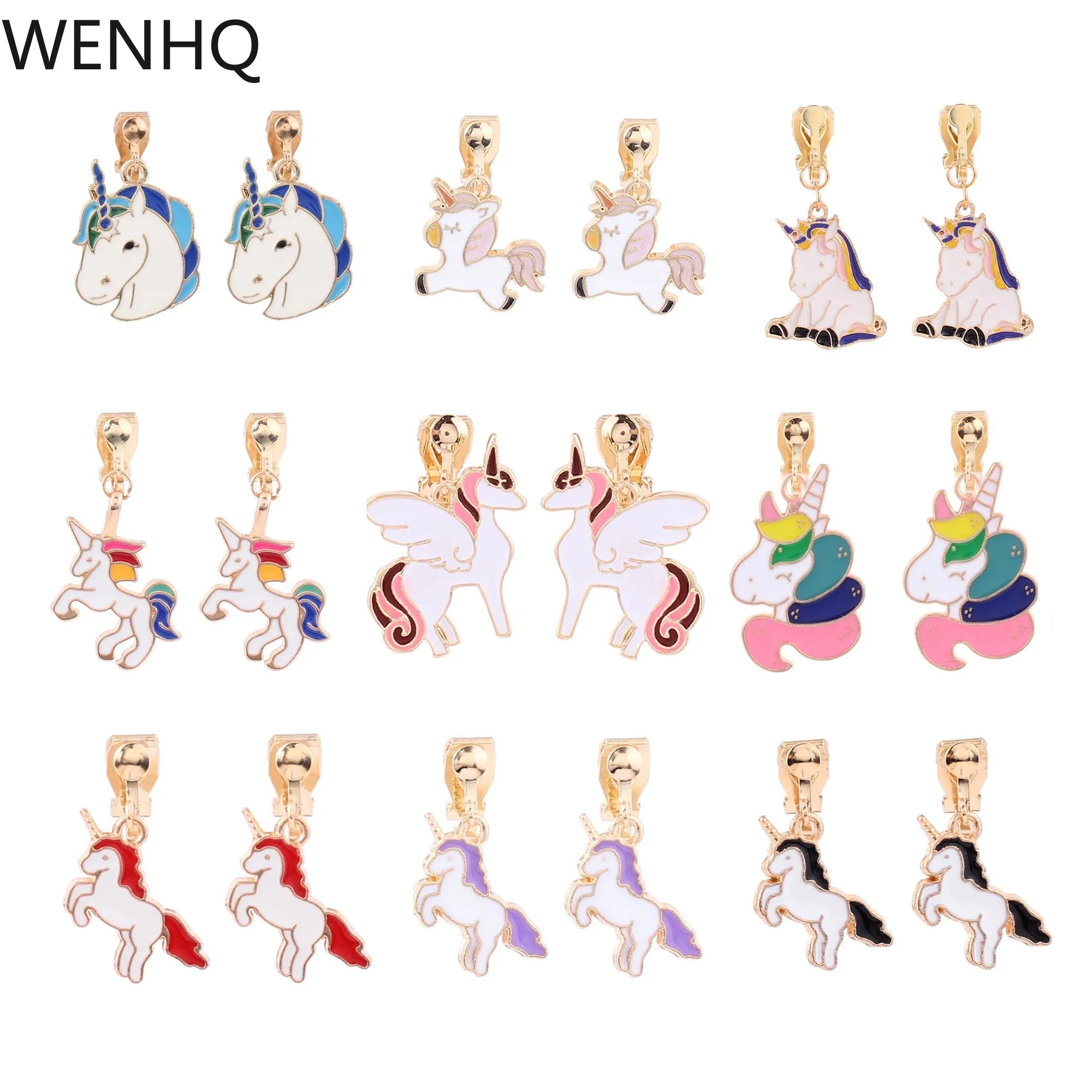 Серьги-клипсы WENHQ Золотая эмаль единорог для девочек учеников вечерние дня