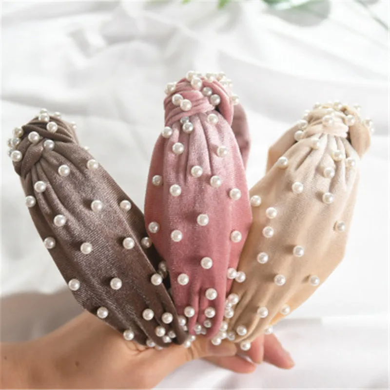 Женская бархатная повязка на голову с узлом и искусственным жемчугом| |