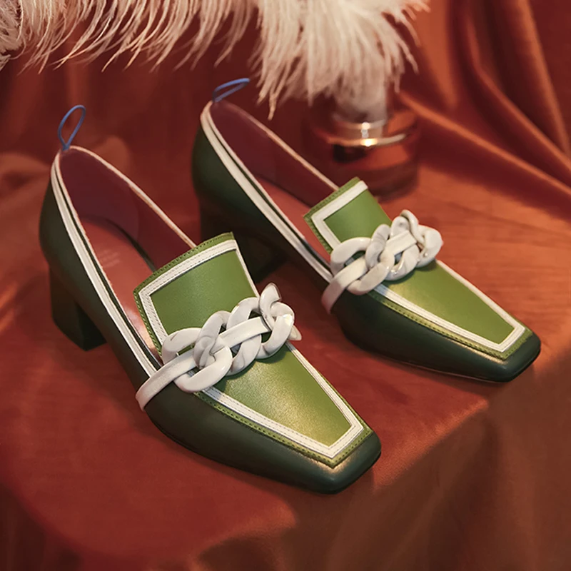 Туфли лодочки женские из натуральной кожи на высоком квадратном каблуке|Женские