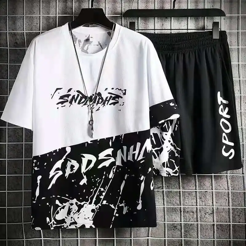 

In the summer of 2021 the new men's leisure suit men's double color letters printing T-shirt and black shorts two-piece outfit