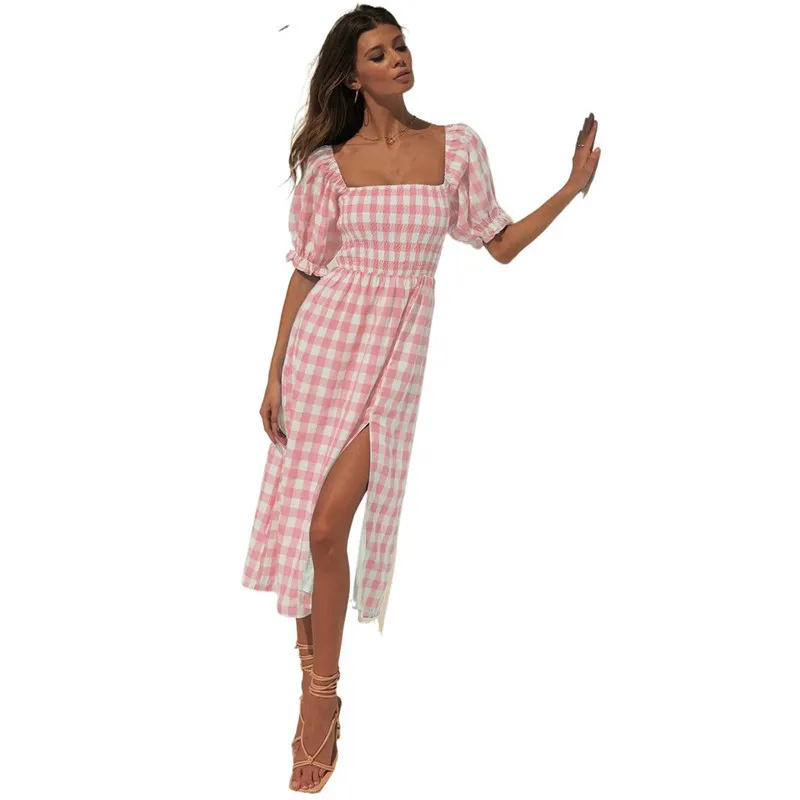 

New Vintage Summer Plaid Long Women Dress 2021 Sweet Slash Neck Female Puff Sleeve Ladies Split Party Beach Dresses Vestidos