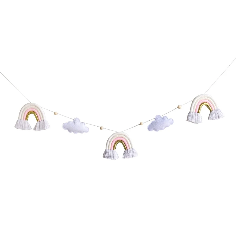 

N80C Nordic Wooden Beads Garland with Felt Cloud Knitting Wool Rainbow Tassel Pendant