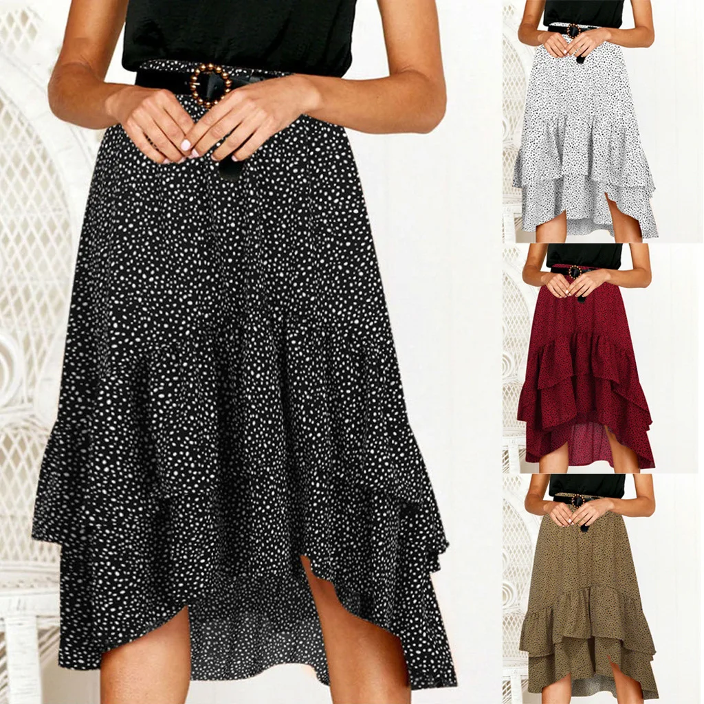 

New Women Summer Midi Skirt Ruffles Vintage Big Large Plus Sizes Casual Party Fashion Patchwork Dots Skirts