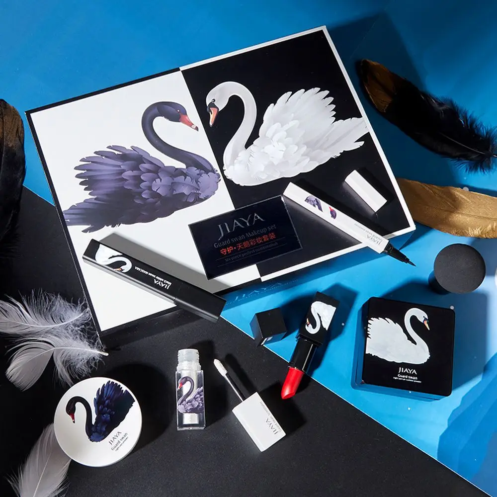

7PCS Black White Swan MakeUp Sets Lipstick Cushion Powder Pearly Eye Shadow Palette Eyeliner MascaraHigh light Cosmetic