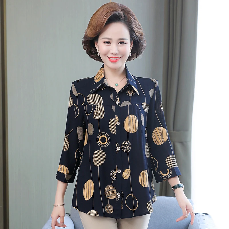 

Шифоновая женская блузка, повседневный женский топ с отложным воротником и принтом, однобортная Осенняя женская блузка с рукавом девять че...