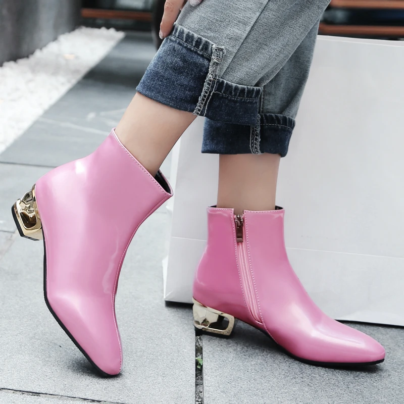 Patent Leather Women's Ankle Boots Luxury Heels For Women Autumn Winter Party Shoes Pink Girls Large Size 48 | Обувь