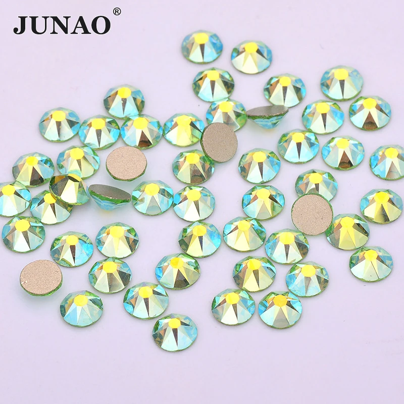 

JUNAO 16 Cut Facets SS10 SS16 SS20 SS30 Green AB Flatback Glass Rhinestones Non Hot Fix Crystal Stone Round Nail Art Decoration