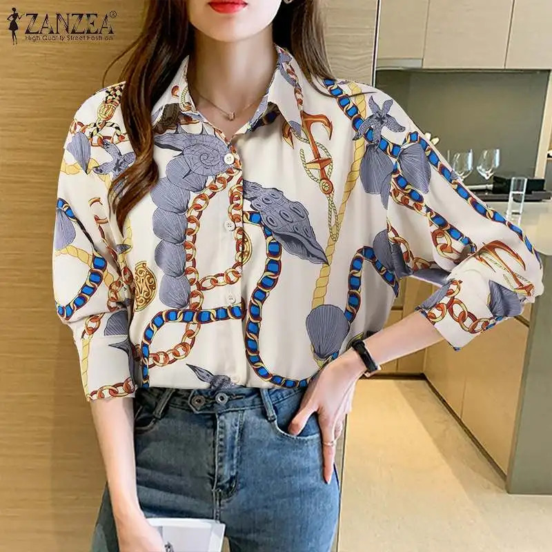 

Женская Осенняя рубашка ZANZEA с принтом, богемная блузка на пуговицах с отложным воротником и длинным рукавом, модные блузки, топы большого ра...