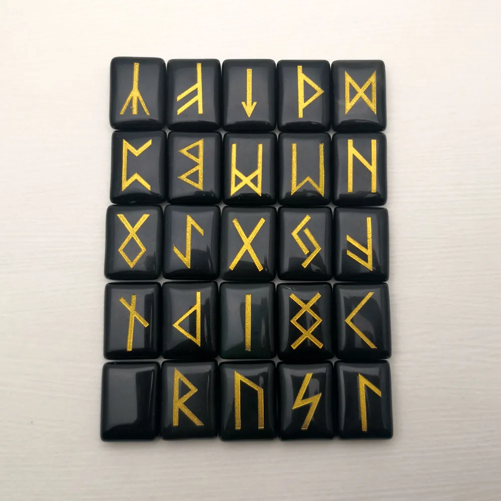 Модные руны обсидиана сверкающие камни 25 шт. натуральные викингов амулет набор