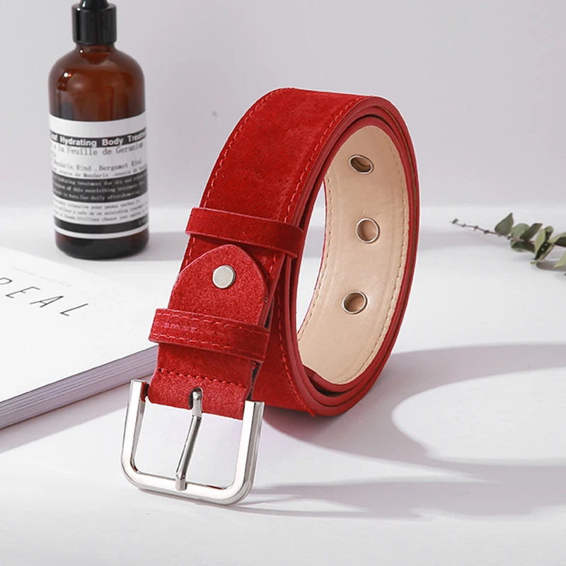 ELIfashion Pigskin Genuine Leather Belt Luxury Strap Dress And Jeans Belts For Women Fashion Shining Silver Buckle 9 Colors - Цвет: red