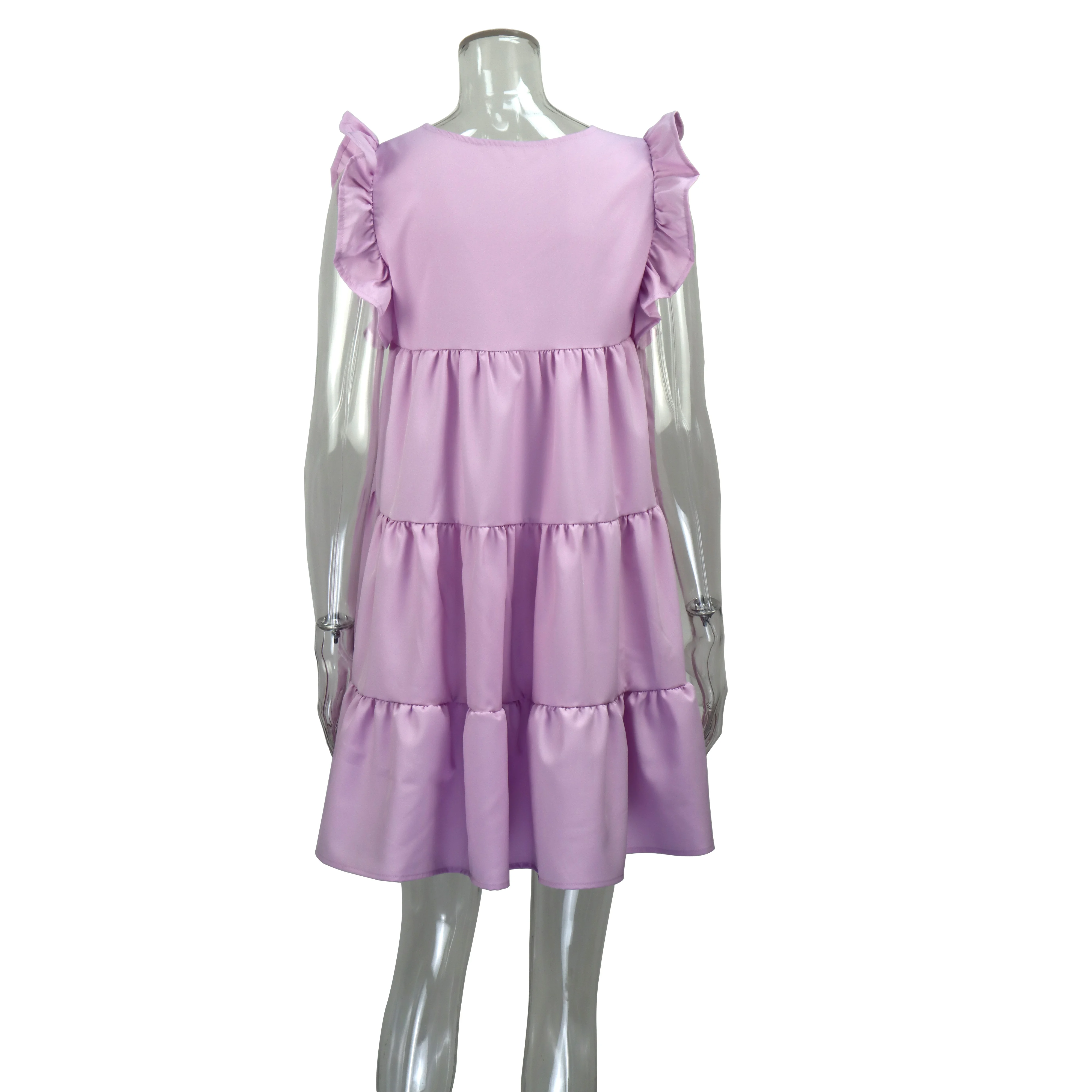 

Summer Ruffle Mini Dress Women Solid Color Lady Dresses O Neck Casual Loose Dresses Butterfly Sleeve Short Dress