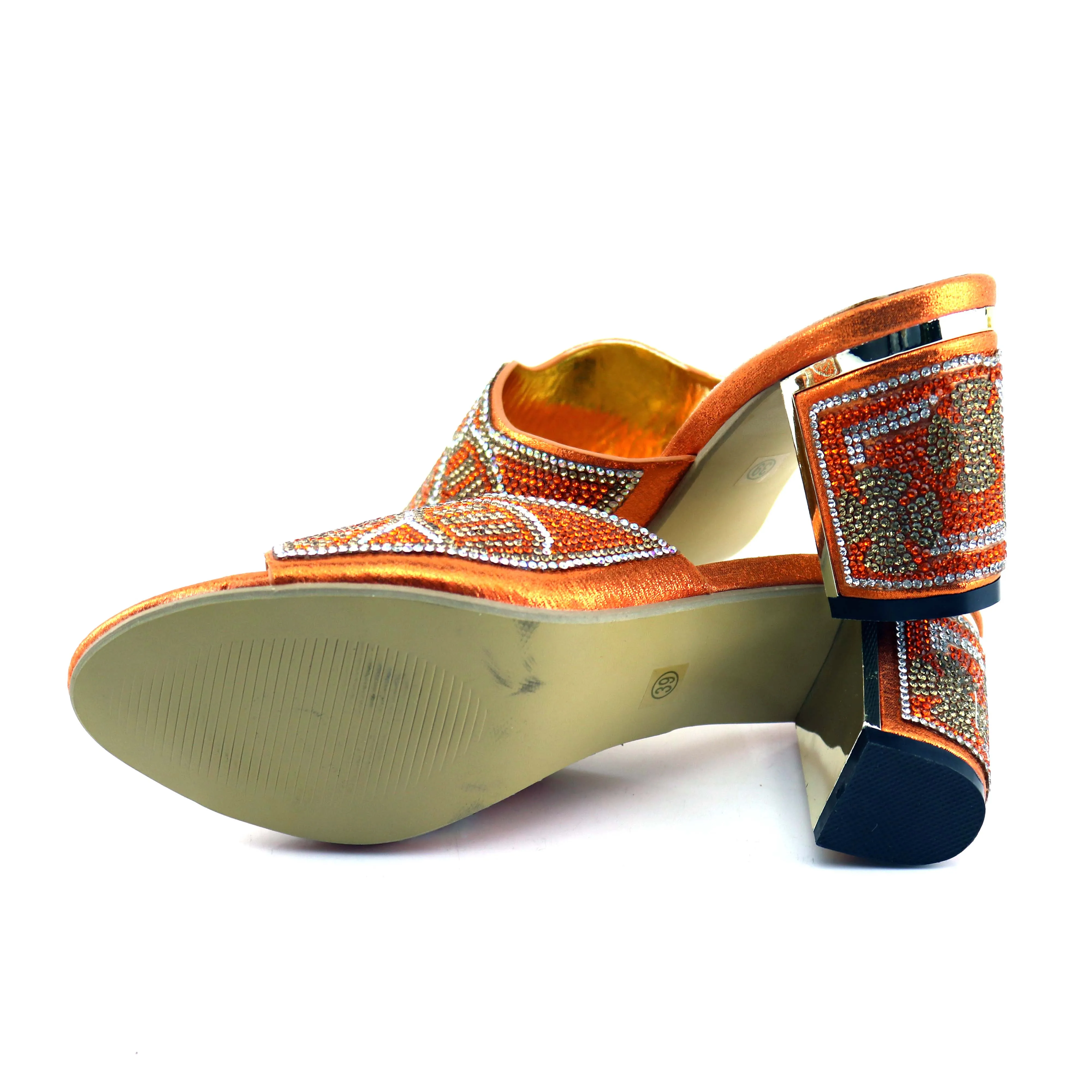 Оранжевые туфли на каблуке 7 см красивый дизайн Сияющие с Стразы модные