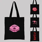 Сумка для покупок в стиле Харадзюку, модная серия сумок на плечо с изображением сексуальных губ, Холщовый тоут с черным принтом, Прямая поставка