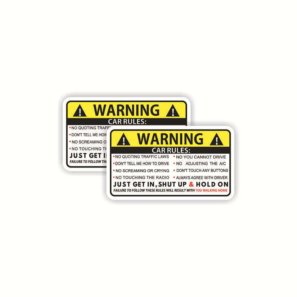 

2Pcs 10x6cm Car Auto Safety Warning Rules Decal PVC Car Sticker 12-0585 For BMW Audi Honda Toyota KIA Waterproof Car Body Window