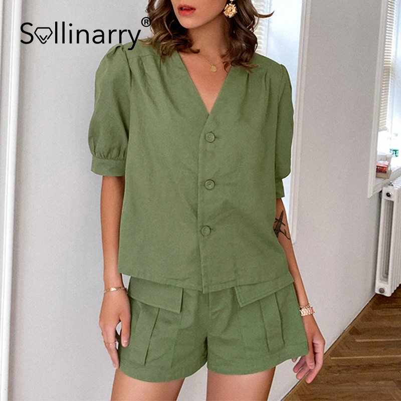 

Sollinarry green v-neck Casual women's two piece suits summer fashion Pocket suit High street style short sleeve chic suits 2021