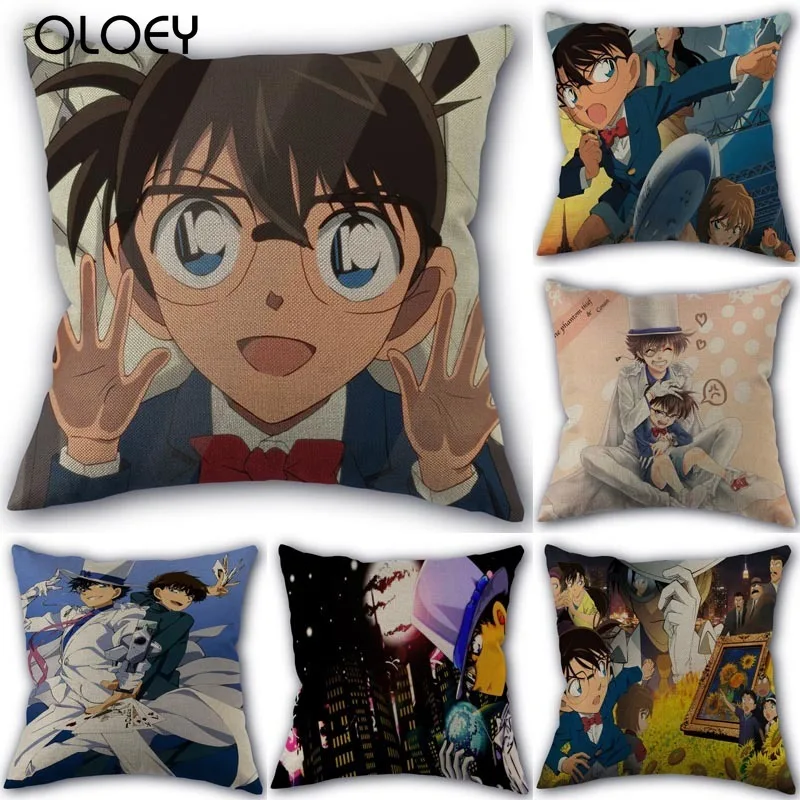 Японское аниме Детектив Конан декоративная льняная наволочка 45x45 см для дома