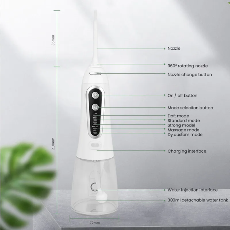 

5 Modes Portable Oral Irrigator 300ml Rechargeable Tooth Cleaner Waterproof Toothpick Oral Cleaner 360 Rotating Nozzle