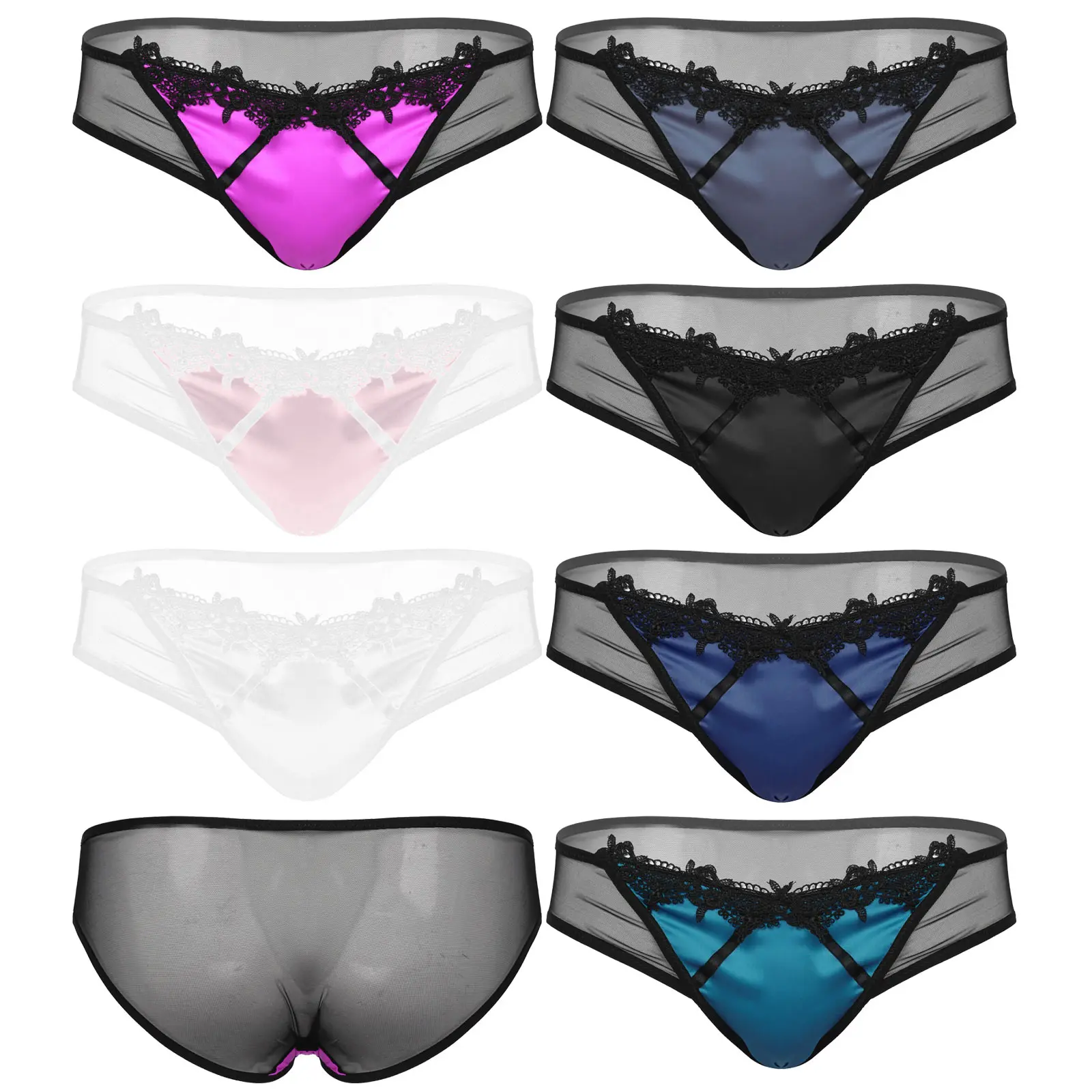 Black Sexy Men's Panties See-through Mesh Briefs Lace Trim Satin Patchwork Exotic Low Rise Sissy Gay Underwear Underpants |